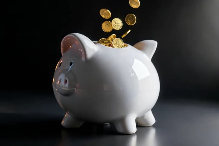 Um cofrinho sendo preenchido com moedas de ouro, representando o valor financeiro de reativar clientes.