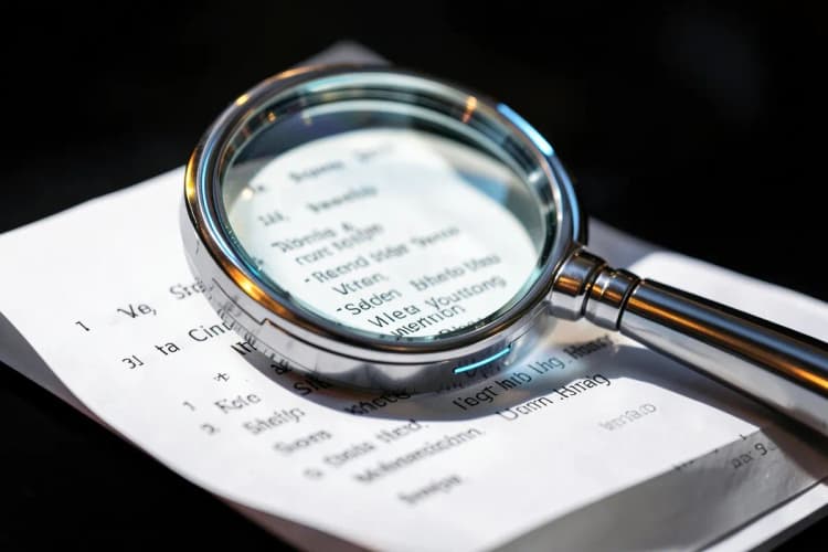 Uma lupa examinando uma lista de nomes em um papel, simbolizando a identificação de clientes.