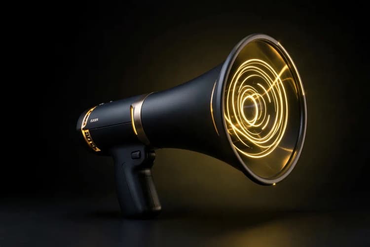 Um megafone sendo acionado, com ondas sonoras saindo dele, representando a comunicação para reativação.