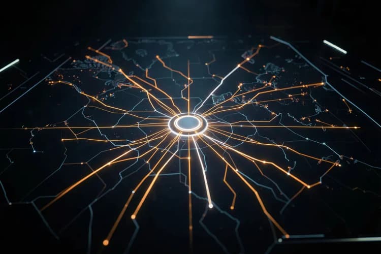 Um mapa estilizado mostrando conexões entre pontos, com um ponto central destacado, representando a rede de clientes e a ajuda de uma ferramenta.