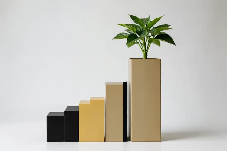 Uma ilustração de um gráfico de barras ascendente com uma planta crescendo no topo, simbolizando crescimento.