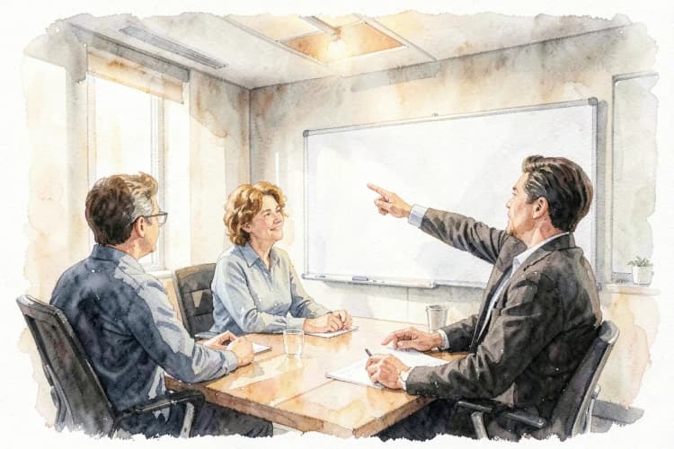 Três pessoas em uma reunião de brainstorming em uma sala de conferências com um quadro branco ao fundo.