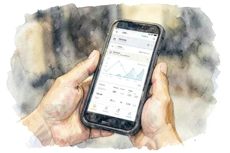 Uma mão segurando um smartphone exibindo um painel de CRM com gráficos e números.