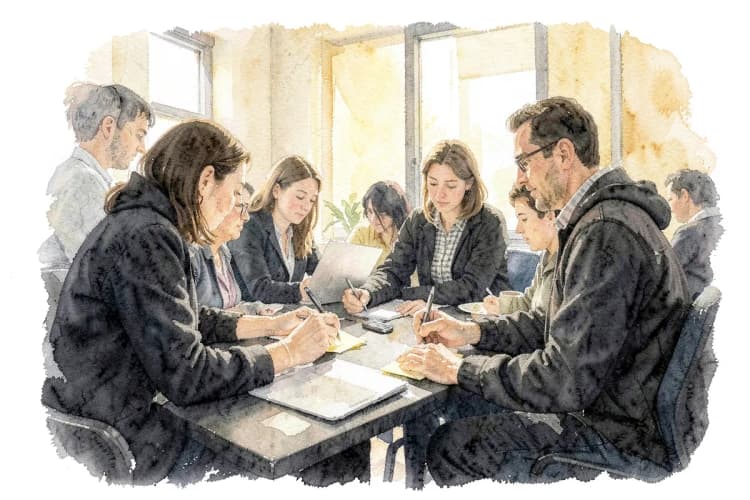 Um grupo de pessoas colaborando em torno de uma mesa em um escritório, com post-its e um laptop.