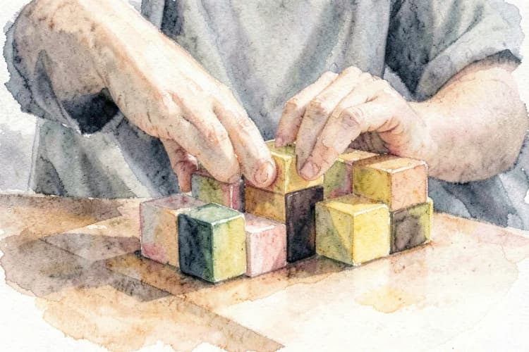 Uma pessoa organizando blocos de construção coloridos em uma mesa, representando a estrutura de um CRM.