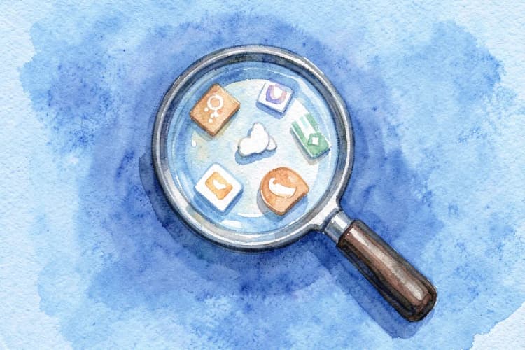 Uma lupa examinando ícones de diferentes funcionalidades de software em um fundo azul.