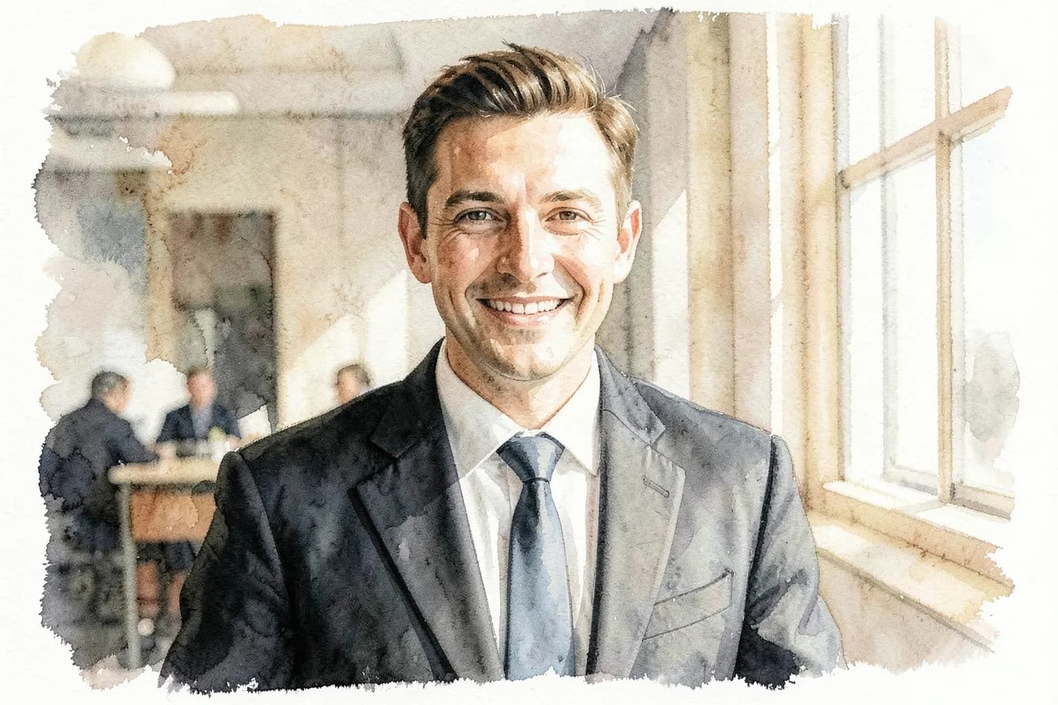 Um homem de negócios sorrindo, em um escritório moderno, olhando para a câmera.