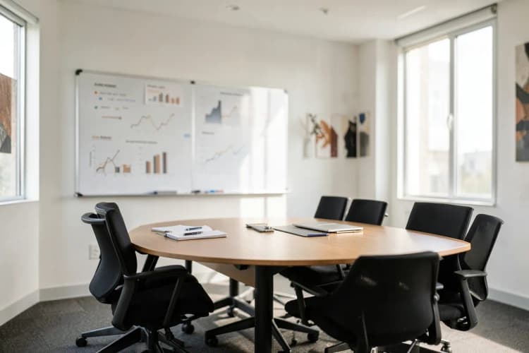 Pessoas em uma reunião discutindo estratégias de marketing digital em um escritório moderno.