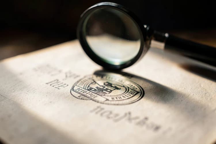 Lupa examinando um contrato com selo de aprovação, simbolizando a escolha de uma agência.