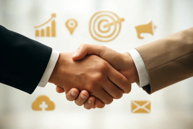 Duas mãos apertando firmemente, simbolizando parceria e sucesso em marketing digital.