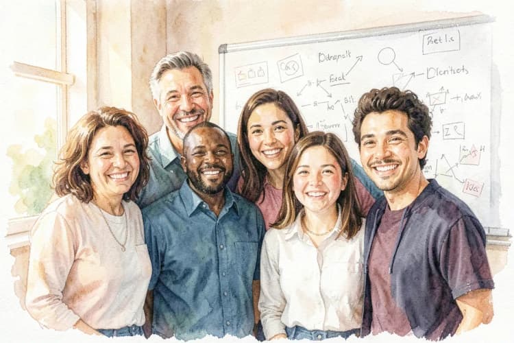 Equipe sorrindo em frente a um quadro branco com anotações, demonstrando colaboração e bons resultados.