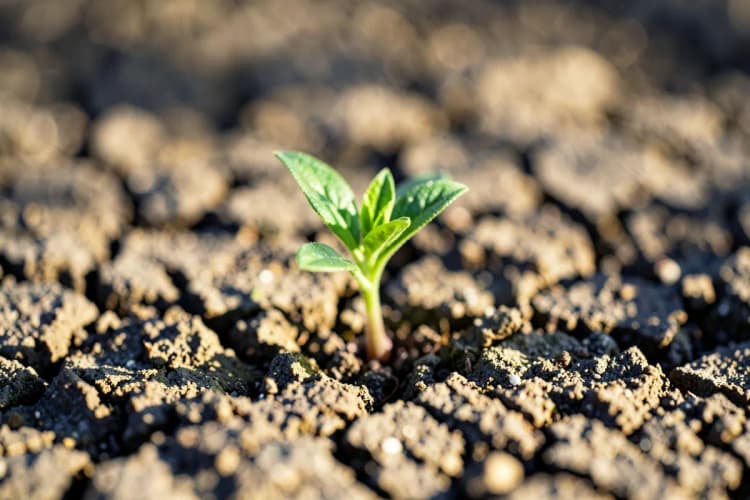 Uma planta crescendo em solo seco, representando a necessidade de nutrir para o crescimento.