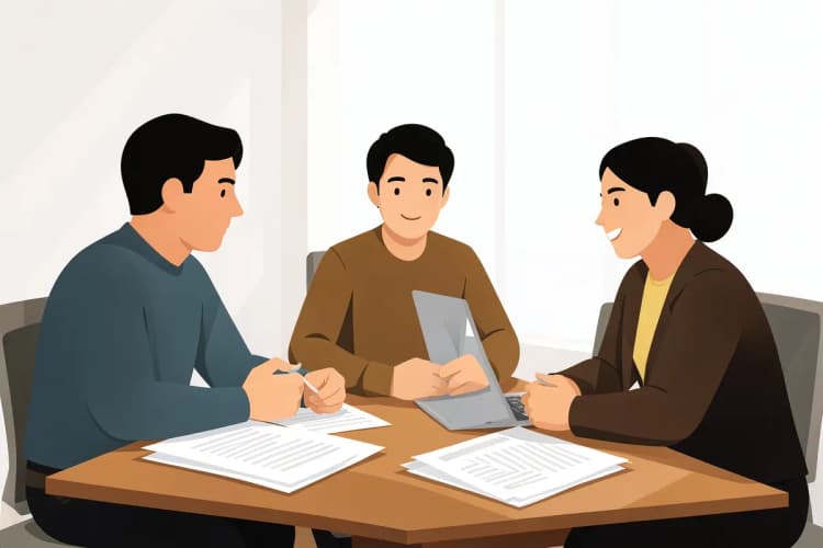 Equipe colaborando em torno de uma mesa com papéis e um laptop, em um ambiente de escritório iluminado.