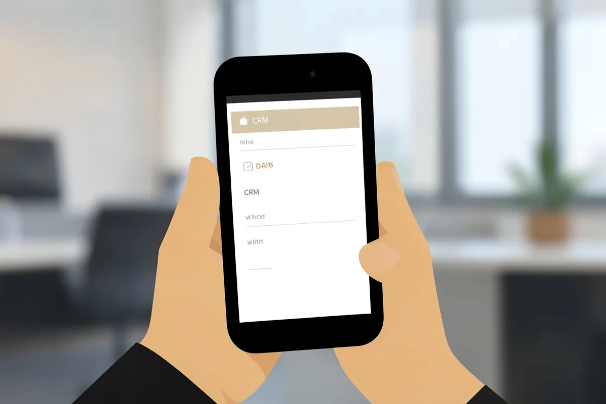 Close-up de uma mão segurando um smartphone com um aplicativo de CRM aberto, com um fundo desfocado de um escritório.