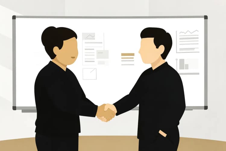 Duas pessoas apertando as mãos em frente a um quadro branco com anotações e gráficos, em uma sala de reuniões.
