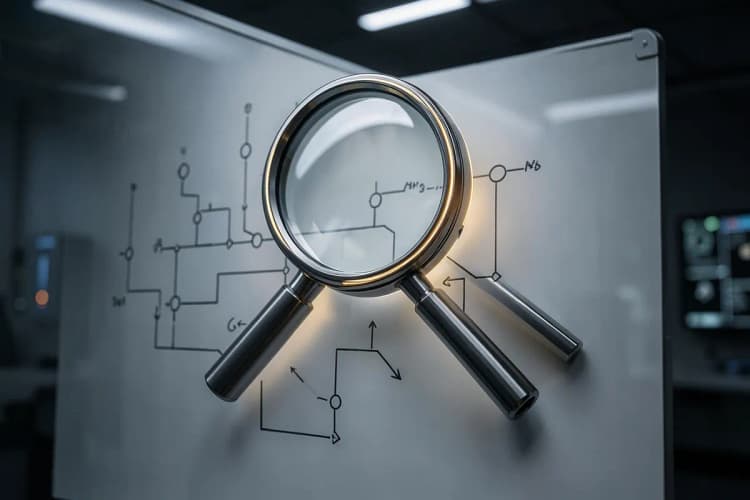 Uma lupa focando em um diagrama de fluxo de processo em um quadro branco, com setas conectando diferentes etapas.