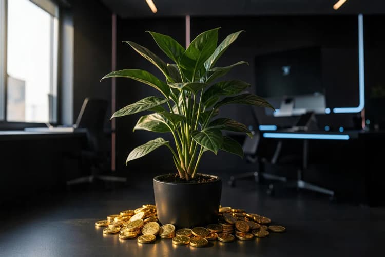 Uma planta de dinheiro crescendo em um vaso, com moedas douradas ao redor da base, em um ambiente de escritório moderno.