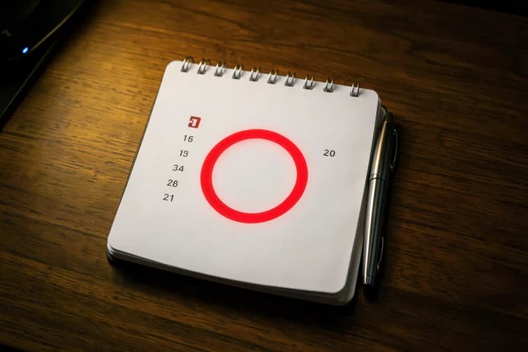 Um calendário aberto com um círculo vermelho em volta de uma data específica, sobre uma mesa de madeira com uma caneta ao lado.