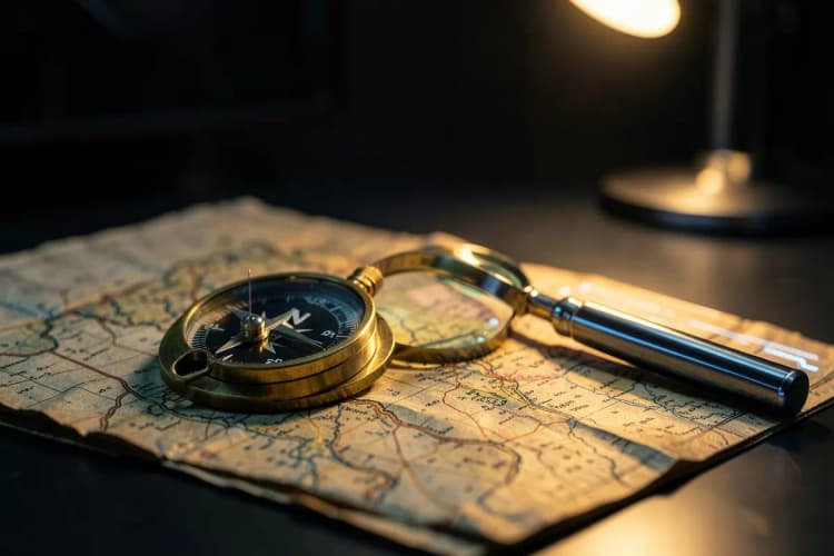 Uma bússola apontando para o norte verdadeiro, sobre um mapa antigo desdobrado, com uma lupa próxima.